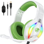 ¿2024 New¿FC100 Casque Gaming pour PC/PS4/PS5/Xbox/Mac/Nintendo Switch, Casque Gamer PS4 avec Lumière RVB, Casque PS5 avec Micro, Casque Antibruit avec Prise Jack 3,5 MM - Blanc Vert