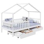 Lit cabane ELEA lit enfant simple montessori 90 x 190 cm, avec 2 tiroirs de rangement, en pin massif lasuré blanc