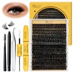 QUEWEL Cluster-Lashes Kit 300Pcs 100D Lash Clusters Mix 12-18mm Thick Individual Eyelashes Bond and Seal Lash Kit and Lash Tweezers Easy DIY at Home(100D-Kit)