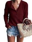 WNEEDU Pull Femme à Manches Longues en Tricot Gaufré Tunique T-Shirt Chemise Henley Décontracté Col V avec Boutons