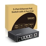 Loocam 5 Port PoE Switch, 4 PoE+ Port with 1 Uplink Port, 10/100Mbps Ethernet Switch RJ45 for 65W Total Power, IEEE802.3af/at, Metal Casing, Desktop or Wall-Mount, Plug & Play, Unmanaged, 250m Extend