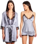 Laura in - Pyjamas Femme en Soie Satin avec Dentelle et nœuds, Ensemble de 4 pièces, Robe Kimono, Haut, Chemise de Nuit et Short, avec Dentelle Noire brodée-1105GrisL