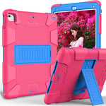 Tablet Case for iPad 5/6 Generation/Air 2/Pro 9.7 Dual Colour Silicone Protective Case with Holder Three in One Multilayer Protection, Rose Red + Blue