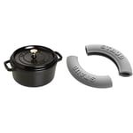 STAUB Cocotte en Fonte, Ronde, Ø 24 cm, 3,7 L, Noir & Maniques en Silicone, 2 pièces, Rondes, Gris