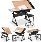 Table a Dessin Inclinable avec Tabouret Station de Dessin Hauteur Reglable Plateau Coulissant 2 Grands Tiroirs