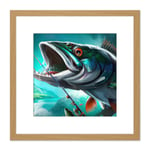 Angler Large Game Catch Fish Fishing Rod Blue Green Orange Intense Painting Square Wooden Framed Wall Art Print Picture 8X8 Inch