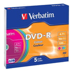 Verbatim Dvd-r, 16x, 4,7 Gb/120 Min, 5-pack Slim Case, Azo, Färg