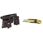 STANLEY Porte Outils Double Ceinture - Nombreuses Poches - Cuir de Qualité Supérieure - Dimensions 145 x 9 x 26 cm STST1-80113 & 0-10-425 Cutter 25 mm Bi-matière Dynagrip - Blocage de La Lame