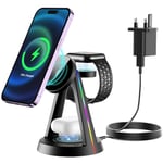 3 in 1 Mag-safe Wireless Charging Station for Apple Devices, 18W Fast Magnetic Charger Stand with Lights for iPhone 16 15 14 13 12 Pro/Max/Plus, Apple Watch 10/9/8/7/6/5/4/3/2/SE/Ultra,AirPods 3/2/Pro