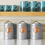 Tea Coffee & Sugar Canisters Bin Jar Storage 3pc Grey/Copper Cooks Professional