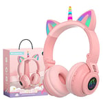 YUSONIC Unicorn Headphones Wireless,Toddler Bluetooth Headphones for Girls Boys laptop Tablet,Led Light Up Kids Headphone for Birthday travel school Gifts (pink)