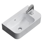 EMKE Lavabo Suspendu 450 x 265 x 156 mm – Lavabo Compact et Élégant pour Petites Salles de Bain et WC Invités – Robinet à Droite, Installation Murale, Blanc Brillant