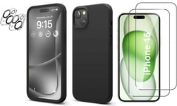 Coque Silicone Noir + Verres Trempes et Protections Camera Arriere X2 Pour iPhon