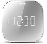 Philips Radio-réveil Design Miroir avec Tuner FM, Affichage Digital avec Double Alarme, Mise en Veille programmable et répétition de l'alarme, Portable avec Batterie de Secours, Port USB