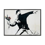 Code 1644 Tableau sur toile avec cadre – Banksy – Art Street Art – Lanceur de fleurs – 70 x 100 cm – Style moderne noir – (code 1644)