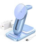 AGPTEK 3 in 1 Wireless Charger, Mag -safe Magnetic Charger for iPhone 16/15/14/13/12 Pro Max, Wireless Charging Station for iPhone 11/10/8/iWatch AirPod/Galaxy S23/S22, LED Light Adapter, Light Blue