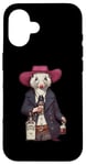 Coque pour iPhone 16 Opossum américain dans un chapeau de cowboy buvant une bouteille de whisky