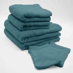 Douceur d'Intérieur, Set de 2 Gants (15 x 21 cm), 2 Serviettes (50 x 90 cm) et 2 Draps de Douche (70 x 130 cm) Eponge Unie, Elégance Bleu