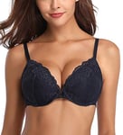 Deyllo Soutiens-Gorge Femme Rembourré avec Armature Dentelle Lingerie Push-up Brassiere Classiques Brassière Maintien Bleu Foncé 95D