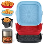 Alyvisun Air Fryer Liners 3PCS Reusable Silicone Tray Foldable Kitchen Basket Versatile Square Baking Pot Accessories for Airfryer, Microwave, Oven, Red+Black+Sky Blue