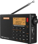 Radio Portable R108 FM AM MW SW Radio Multibande Poste Radio à Ondes avec Affichage du Temps De Parole Fort RéTro-éClairage De La Radio NuméRique Alarme Noir(Q107)