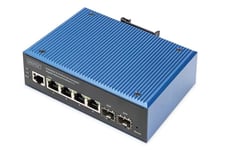 DIGITUS Switch réseau Industriel administrable 6 Ports Gigabit Ethernet PoE - 4X RJ45 + 2X SFP-Uplink - 30W de Budget PoE par Port RJ45 - L2 administrable - Montage sur Rail DIN - 10/100/1000Mbps