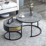 Lot de 2 table basse gigogne - table ronde avec plateau en marbre gris et 1 tiroirs en bois massif - ø70x45.5+ø50x40cm - noir