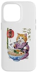 Coque pour iPhone 14 Pro Max Chat animé mignon en kimono mangeant des ramen Anime drôle