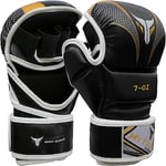 Mytra Fusion Gants MMA avec Paume Ouverte et Support de Poignet réglable, Gant MMA pour Sparring, Grappling, Cage Fighting, Combat Sports, Kickboxing, Punching Bag and Martial Arts (Black Gold, S/M)