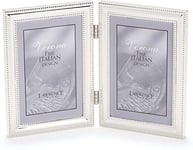 Lawrence Frames Cadre photo double à charnière (vertical) en métal plaqué argent avec perles délicates, 12,7 x 17,8 cm