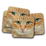 4 Set - Ginger Cat Face Coaster - Kitten Cats Green Eyes Cute Pretty Gift #15007