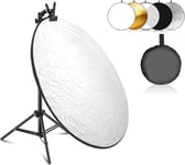 NEEWER 24"/60cm Light Reflector Kit, 5 in 1 Collapsible Round Reflector (Translucent/Silver/Gold/White/Black) w/Clamp, Mount Adapter & 21"-43"/53-110cm Stand for Low Angle Children Studio Photography