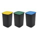 Avilia Set of 3 Trash Cans for Waste Separation 50L Kitchen Outdoor Waste Bin with Colourful Lids for Plastic, Paper and Glass, Polypropylene 38 x 38 x 55 cm