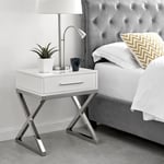 OXFORD White High Gloss and Silver Chrome Rectangular Bedside Table With Drawer