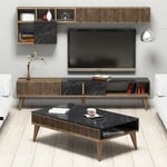 Cotecosy - Ensemble meuble Tv, table basse et étagère murale design Ribera Bois foncé et Effet marbre Noir - Bois / Noir