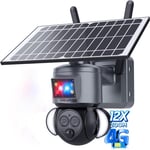 Camera Solaire Exterieur 4G sans Fil, 6MP Camera 4g + 12X Zoom + Double Objectif Caméra + Détection Humaine PIR + lumières Clignotantes Rouges et Bleues