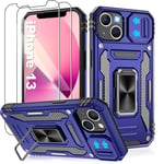 Jshru for iPhone 13 Case with Screen Protector [2 Pack] and Slide Camera Cover,Military Grade Shockproof iPhone 13 Phone Case,Ring Kickstand Phone Cover for iPhone 13,Blue