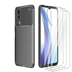 LYZX Coque pour Coque Vivo Y53s + 3 Morceaux de Protecteur d'écran en Verre trempé, étui de téléphone TPU Ultra-Mince et Durable,Gaine de Protection en Fibre de Carbone,Noir