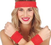 FIESTAS GUIRCA | Set de 2 Bracelets et Bandeau Rouge (Taille Unique) - Accessoire Rétro pour Costume des Années '80 et Sports - Idéal pour Fêtes Costumées et Célébrations - Adulte Unisexe - Rouge