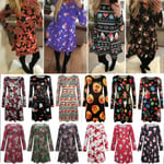 Womens Christmas Long Sleeve Mini Dress Party Festival Skater Snowman S