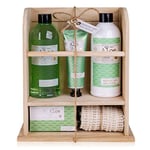 accentra coffret cadeau Aloe Vera Premium Collection pour femme sur une étagère en bois avec gel douche, lotion pour le corps, crème pour les mains, bombes de bain et serviette en sisal