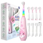 seago recharge brosse a dent enfant, brosse a dent electrique enfant de 2 ans à 6 ans, brosse a dent bebe avec lumière LED 8 têtes, minuteur et vibrations (rosa)