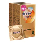 Durex NUDE XL - 24 Préservatifs Homme Fins et Extra Larges - Largeur nominale 60mm - Lot de 3 x 8 préservatifs