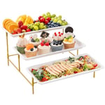 Lifewit Plateau de Service avec 3 Plats, Plateau Repas, Grand Plateau Plastique Rectangulaire 36×17cm, Presentoir Aperitif Buffet, Présentoir à Gâteaux, Panier Fruits, Support en Métal Doré