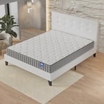 sensoreve Ensemble Matelas + Sommier & tête de lit capitonnée (140 x 200cm)- Matelas Orionis Mousse Mémoire de Forme d’épaisseur 16cm + Lit Stable & Robuste, revêtement synthétique Blanc