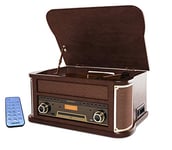 Majestic TT 47 Dab Platine Vinyle Tourne-Disque 33/45/78 Tours Bluetooth Radio Dab+ et FM Lecteur CD/MP3 Entrée USB Cassette Télécommande Marron