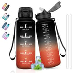 Gourde 1.5L, Gourde Sport avec Paille, Gourde Motivation anti Fuite, avec Marqueur de Temps, Gourdes de Camping et Randonnée, Facile à Nettoyer, Gourde Adulte pour Yoga, Running, Camping, Noir-Rouge