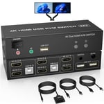 Kvm Hdmi Switch Dual Monitor 2 Port,4K @ 60 Hz À Affichage Étendu Commutateur Kvm Hdmi 2 Entrées 2 Sorties Avec Sortie Microphone Audio Et 3 Ports Usb,Moniteur Pc Clavier Souris Commutateur