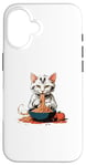 Coque pour iPhone 16 Chat mignon mangeant des pâtes