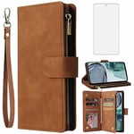 Asuwish Compatible with Motorola Moto G62 5G Wallet Case and Tempered Glass Screen Protector Leather Flip Cover Card Holder Stand Cell Accessories Shockproof Soft Phone Cases for G 62 62G Women Brown